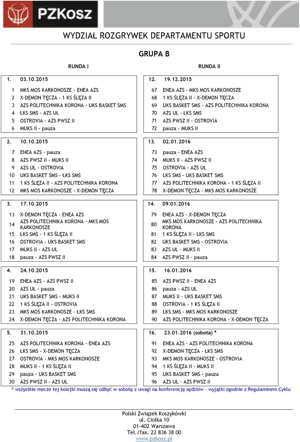 2015 1 MKS MOS KARKONOSZE - ENEA AZS 67 ENEA AZS - MKS MOS KARKONOSZE 2 X-DEMON TĘCZA - 1 KS ŚLĘZA II 68 1 KS ŚLĘZA II - X-DEMON TĘCZA 3 AZS POLITECHNIKA KORONA - UKS BASKET SMS 69 UKS BASKET SMS -