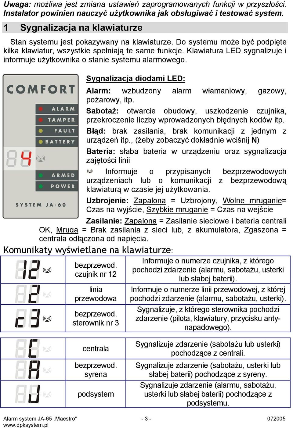 Klawiatura LED sygnalizuje i informuje użytkownika o stanie systemu alarmowego. Sygnalizacja diodami LED: Alarm: wzbudzony alarm włamaniowy, gazowy, pożarowy, itp.