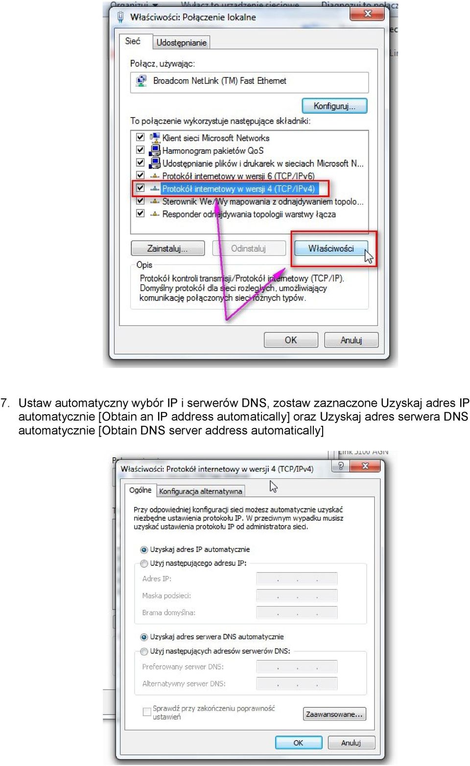 IP address automatically] oraz Uzyskaj adres serwera