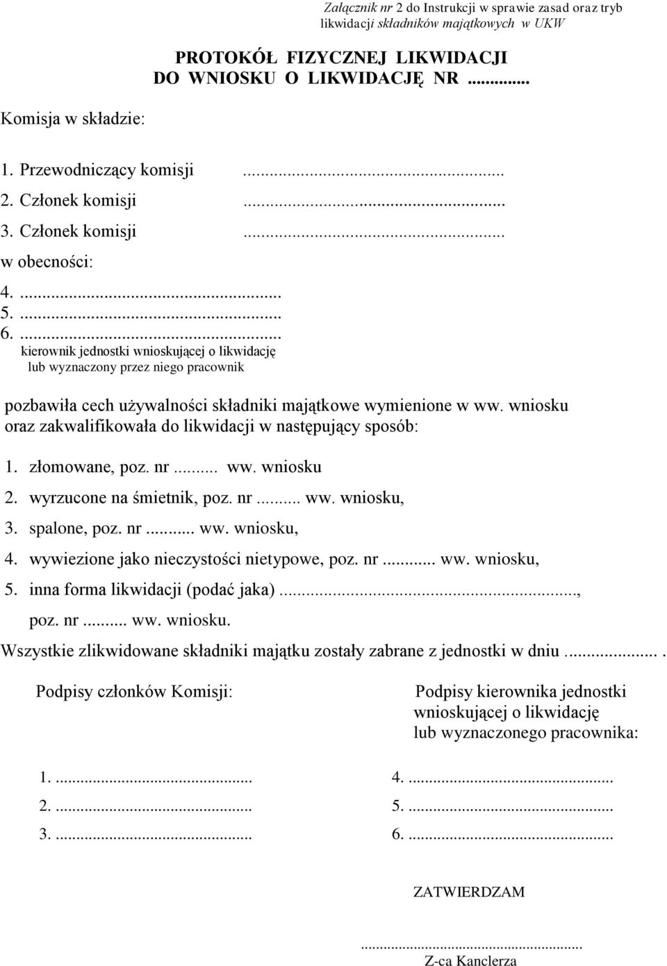 ... kierownik jednostki wnioskującej o likwidację lub wyznaczony przez niego pracownik pozbawiła cech używalności składniki majątkowe wymienione w ww.