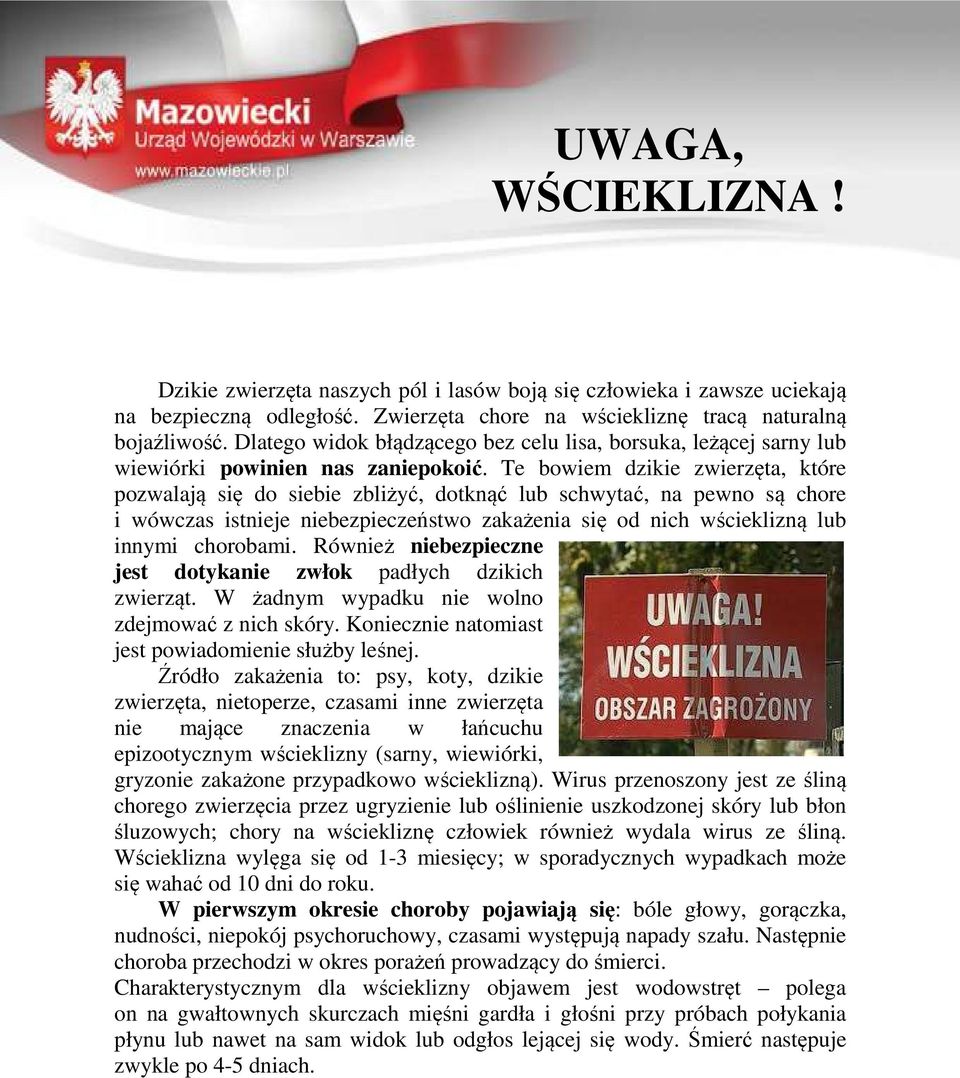 Te bowiem dzikie zwierzęta, które pozwalają się do siebie zbliżyć, dotknąć lub schwytać, na pewno są chore i wówczas istnieje niebezpieczeństwo zakażenia się od nich wścieklizną lub innymi chorobami.