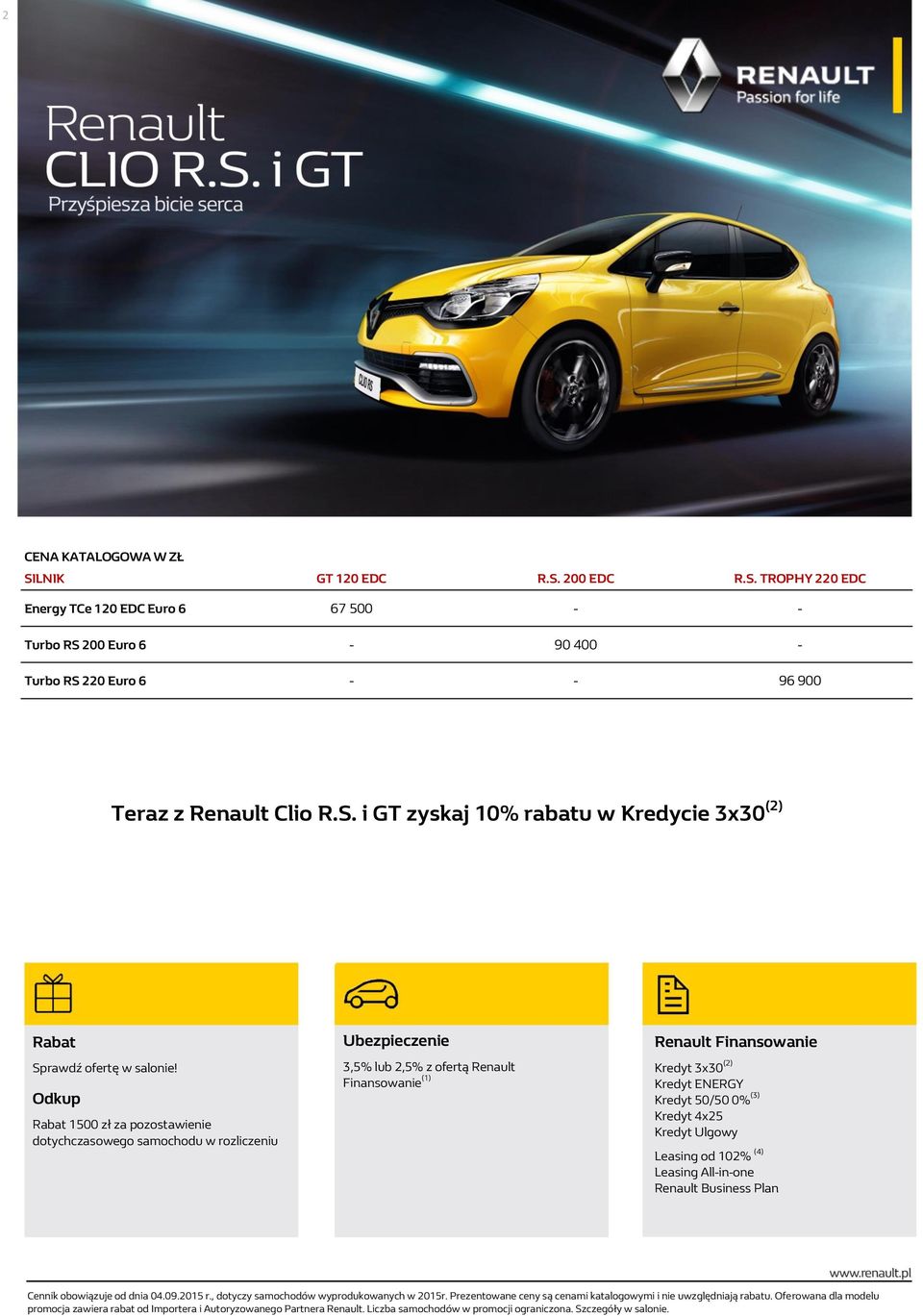 50/50 0% (3) Kredyt 4x25 Kredyt Ulgowy Leasing od 102% (4) Leasing All-in-one Renault Business Plan Cennik obowiązuje od dnia 04.09.2015 r., dotyczy samochodów wyprodukowanych w 2015r.