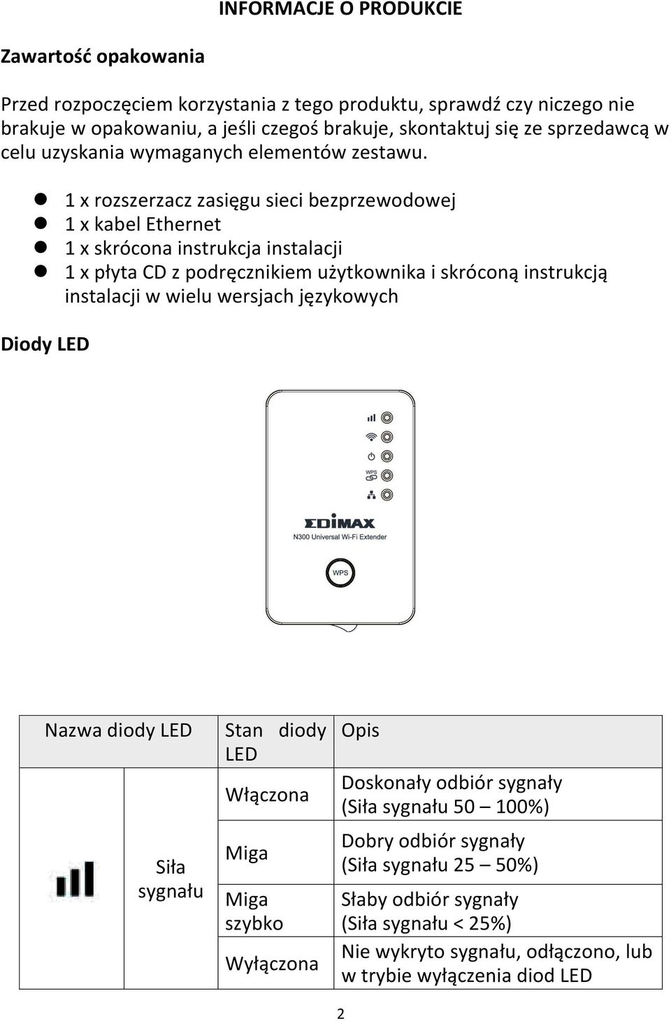 1 x rozszerzacz zasięgu sieci bezprzewodowej 1 x kabel Ethernet 1 x skrócona instrukcja instalacji 1 x płyta CD z podręcznikiem użytkownika i skróconą instrukcją instalacji w wielu