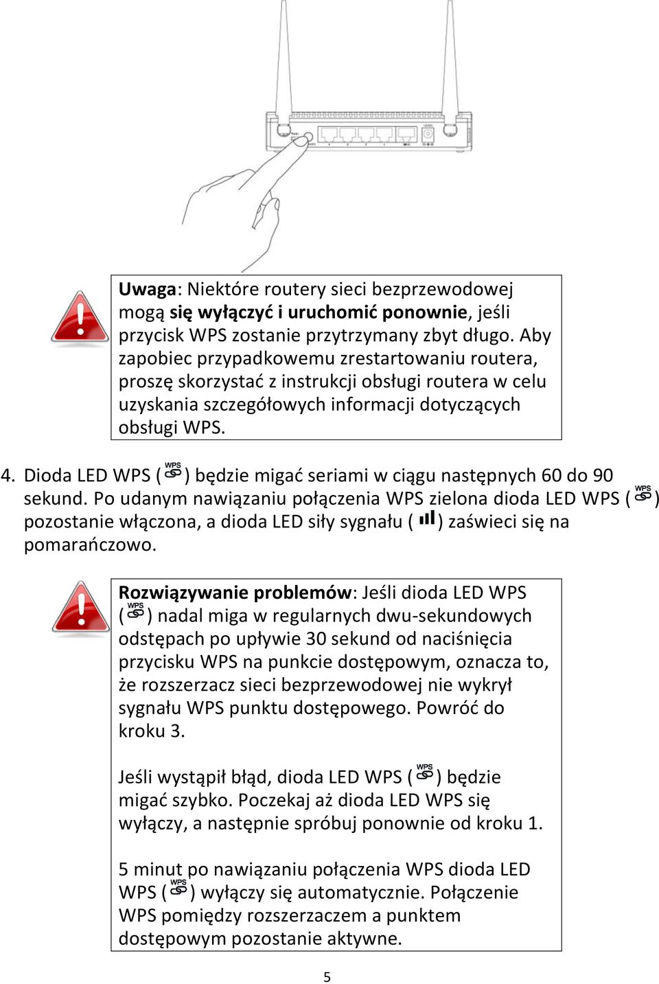Dioda LED WPS ( ) będzie migad seriami w ciągu następnych 60 do 90 sekund.
