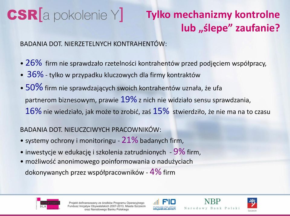 kontrahentów uznała, że ufa partnerom biznesowym, prawie 19% z nich nie widziało sensu sprawdzania, 16% nie wiedziało, jak może to zrobić, zaś 15% stwierdziło, że nie ma