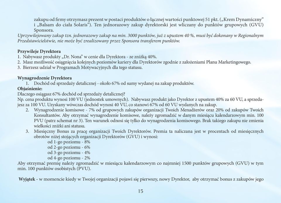 3000 punktów, już z upustem 40 %, musi być dokonany w Regionalnym Przedstawicielstwie, nie może być zrealizowany przez Sponsora transferem punktów. Przywileje Dyrektora 1. Nabywasz produkty Dr.