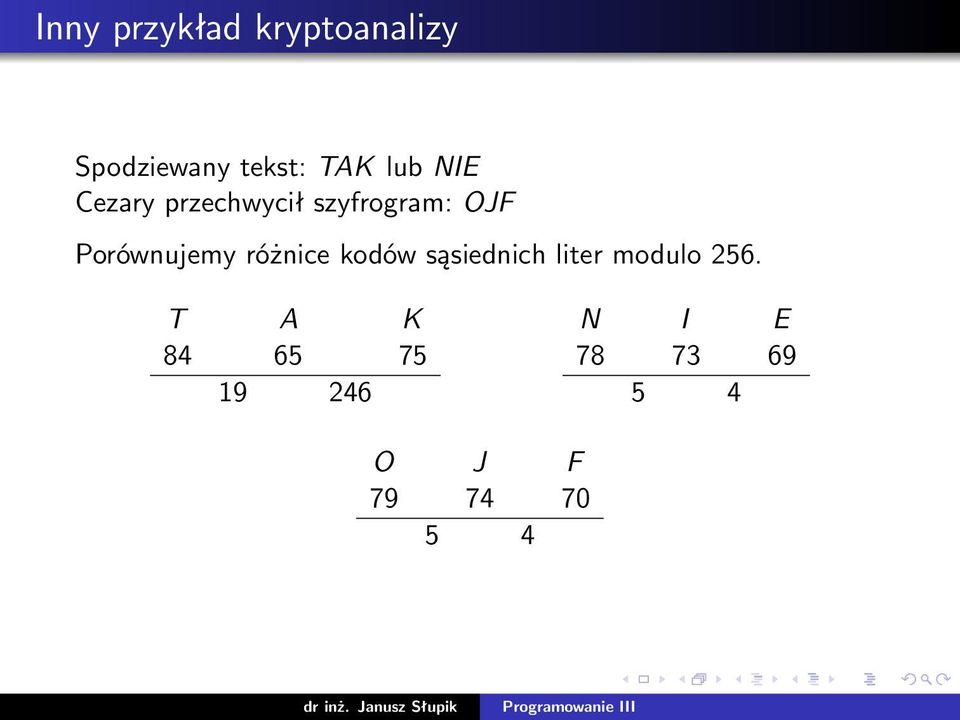 Porównujemy różnice kodów sąsiednich liter modulo