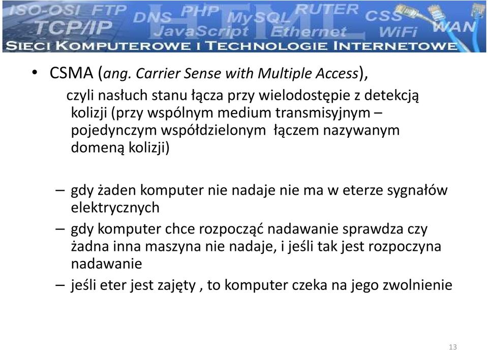 medium transmisyjnym pojedynczym współdzielonym łączem nazywanym domeną kolizji) gdy żaden komputer nie nadaje