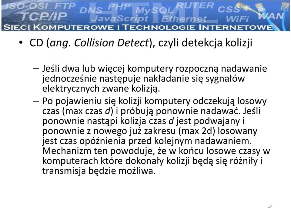 elektrycznych zwane kolizją. Po pojawieniu się kolizji komputery odczekują losowy czas (max czas d) i próbują ponownie nadawać.