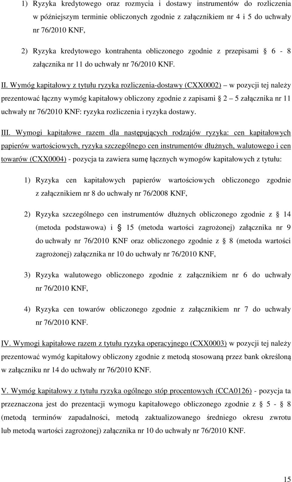 Wymóg kapitałowy z tytułu ryzyka rozliczenia-dostawy (CXX0002) w pozycji tej należy prezentować łączny wymóg kapitałowy obliczony zgodnie z zapisami 2 5 załącznika nr 11 uchwały nr 76/2010 KNF: