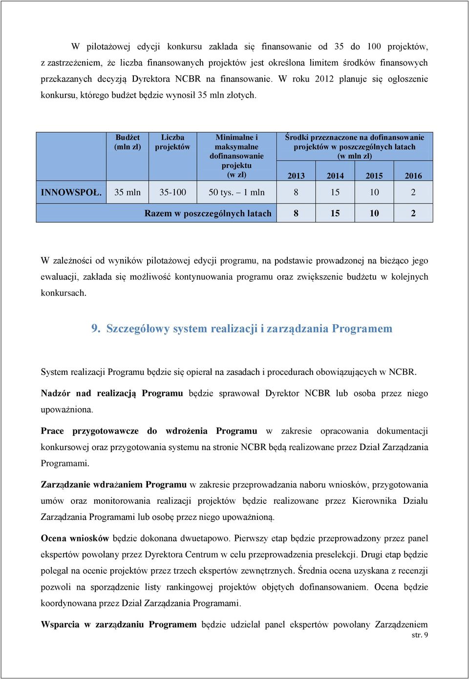 Budżet (mln zł) Liczba projektów Minimalne i maksymalne dofinansowanie projektu (w zł) Środki przeznaczone na dofinansowanie projektów w poszczególnych latach (w mln zł) 2013 2014 2015 2016 INNOWSPOŁ.