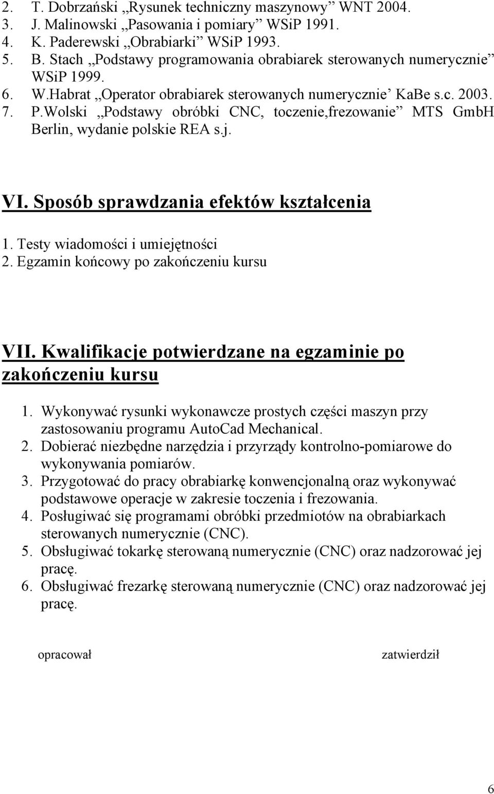 j. VI. Sposób sprawdzania efektów kształcenia 1. Testy wiadomości i umiejętności 2. Egzamin końcowy po zakończeniu kursu VII. Kwalifikacje potwierdzane na egzaminie po zakończeniu kursu 1.