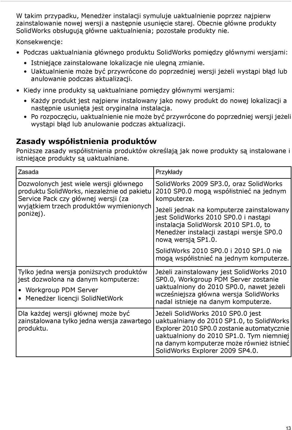 Konsekwencje: Podczas uaktualniania głównego produktu SolidWorks pomiędzy głównymi wersjami: Istniejące zainstalowane lokalizacje nie ulegną zmianie.