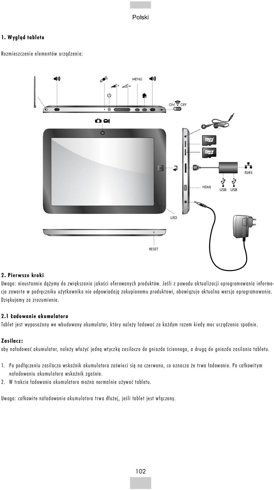 1 Ładowanie akumulatora Tablet jest wyposażony we wbudowany akumulator, który należy ładować za każdym razem kiedy moc urządzenia spadnie.