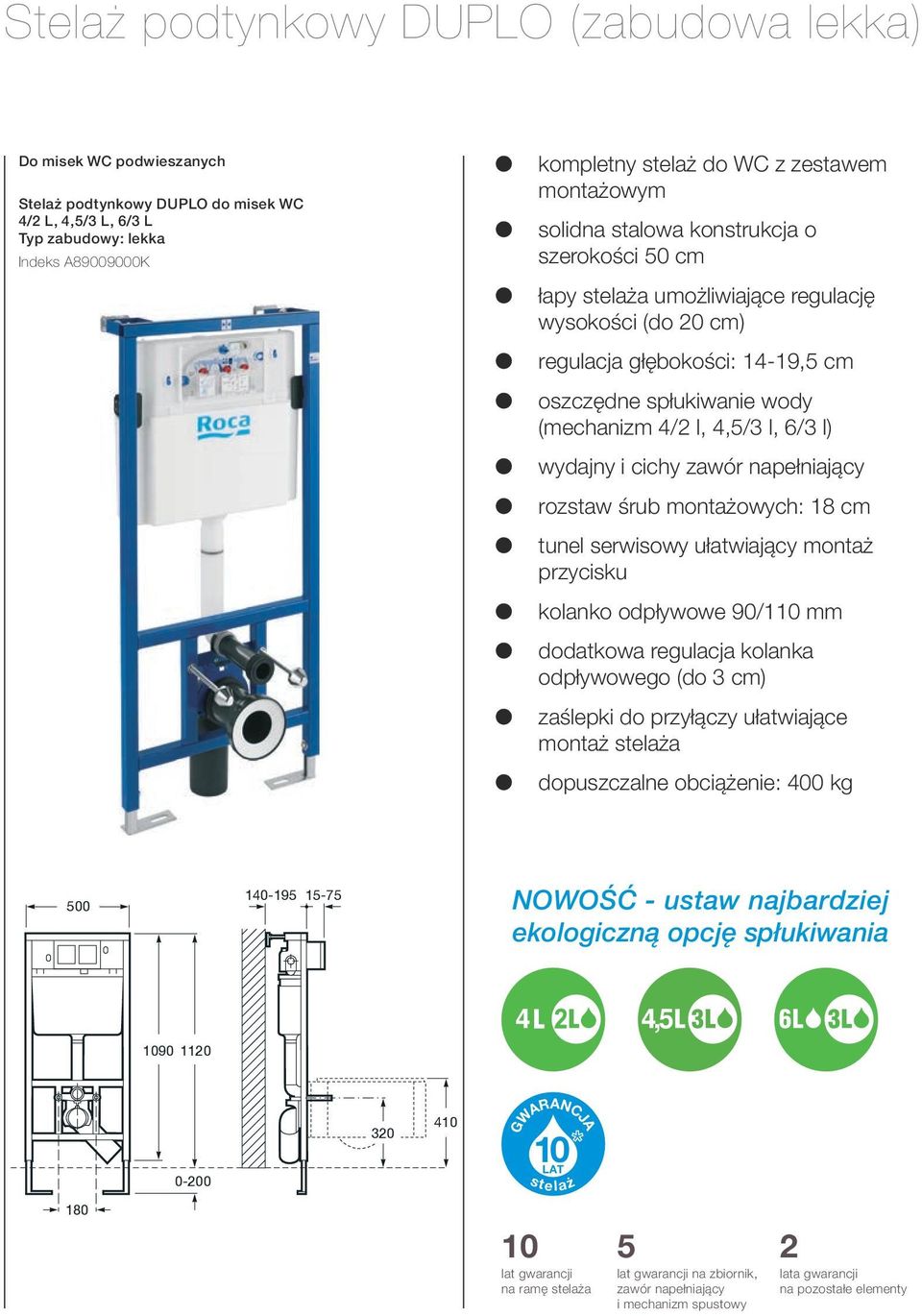 l, 6/3 l) wydajny i cichy zawór napełniający rozstaw śrub montażowych: 18 cm tunel serwisowy ułatwiający montaż przycisku kolanko odpływowe 90/1 mm dodatkowa regulacja kolanka odpływowego (do 3 cm)