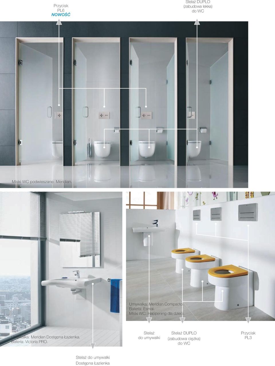 Miski WC: Happening dla dzieci. Umywalka: Meridian Dostępna Łazienka.