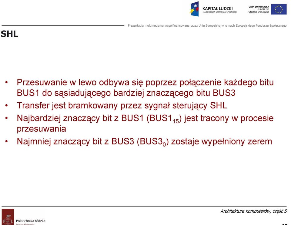 sygnał sterujący SHL Najbardziej znaczący bit z BUS1 (BUS1 15 ) jest tracony