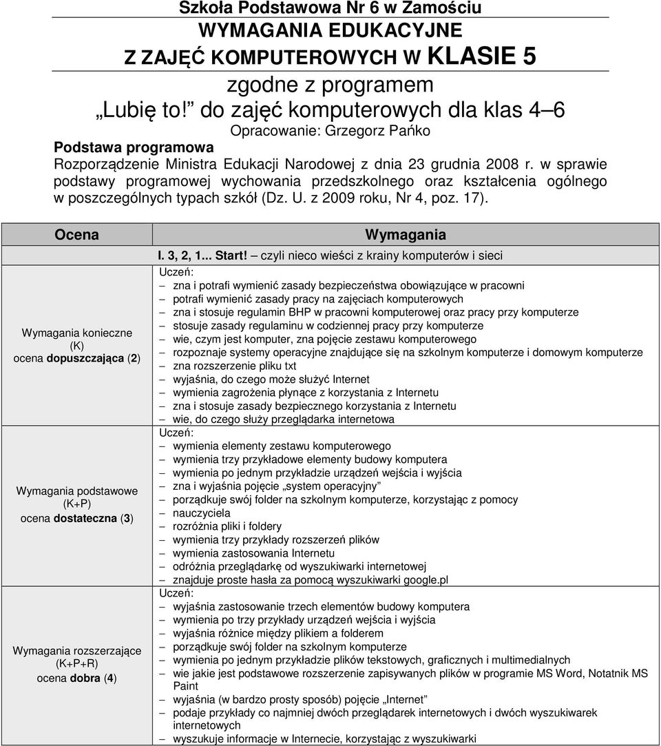 w sprawie podstawy programowej wychowania przedszkolnego oraz kształcenia ogólnego w poszczególnych typach szkół (Dz. U. z 2009 roku, Nr 4, poz. 17). Ocena Ocena I. 3, 2, 1... Start!