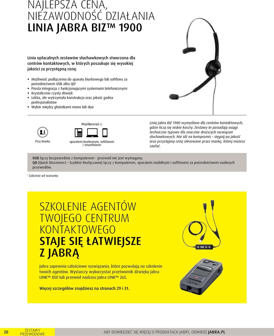 konstrukcja oraz jakość godna profesjonalistów Wybór między głośnikami mono lub duo Przy biurku Współpracuje z: aparatem biurkowym, softfonem i smartfonem Linię Jabra BIZ 1900 wymyślono dla centrów