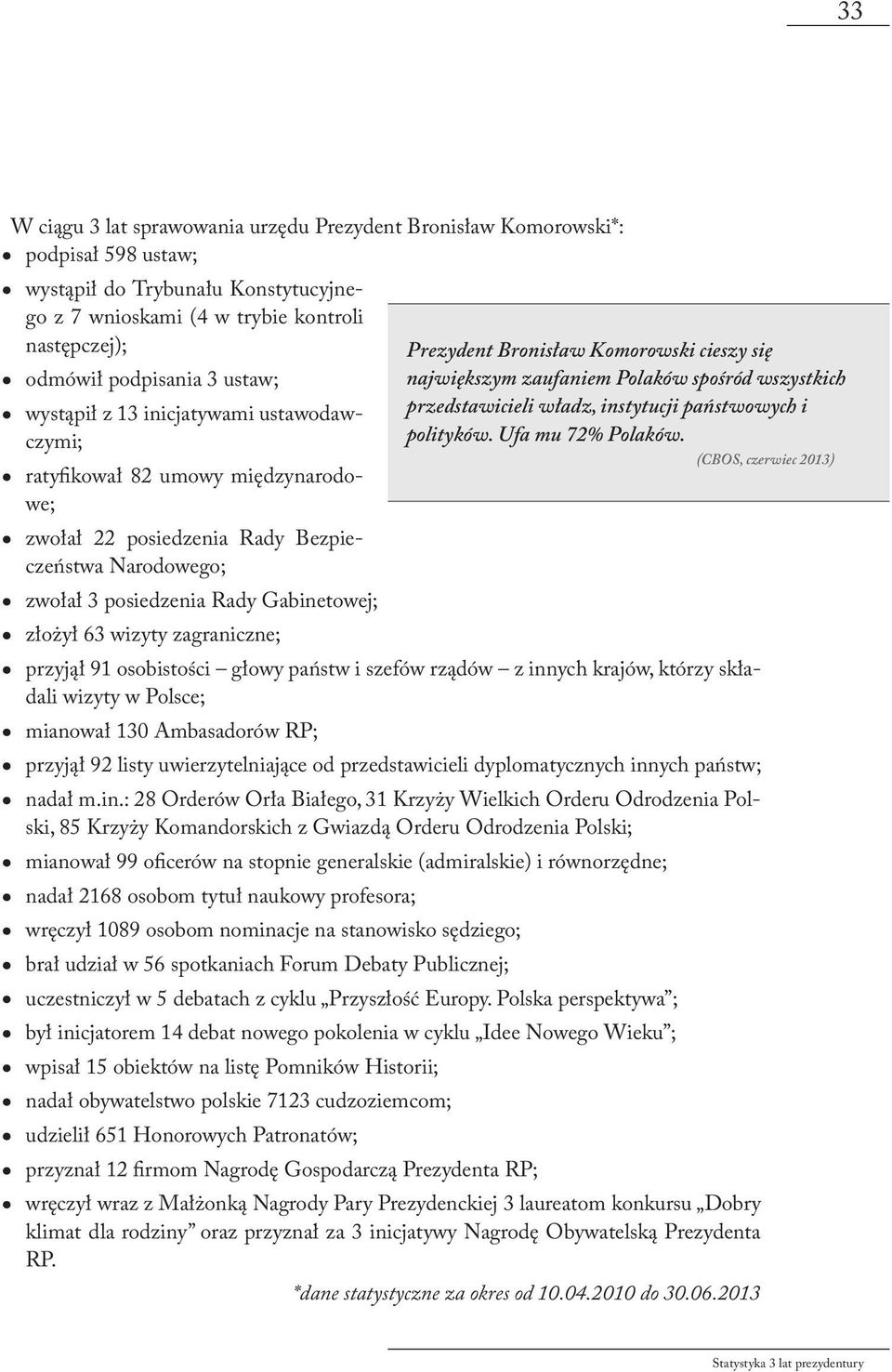 zagraniczne; przyjął 91 osobistości głowy państw i szefów rządów z innych krajów, którzy składali wizyty w Polsce; mianował 130 Ambasadorów RP; przyjął 92 listy uwierzytelniające od przedstawicieli