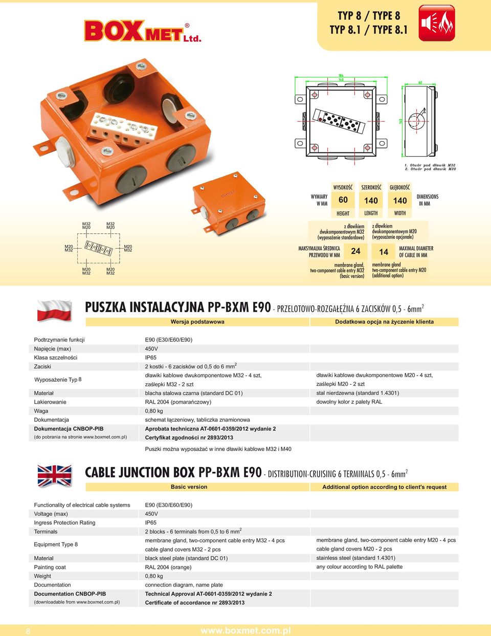 (basic version) membrane gland two-component cable entry M0 (additional option) PUSZKA INSTALACYJNA PP-BXM E90 - PRZELOTOWO-ROZGAŁĘŹNA 6 ZACISKÓW 0,5-6mm Zaciski Wyposażenie Typ (do pobrania na