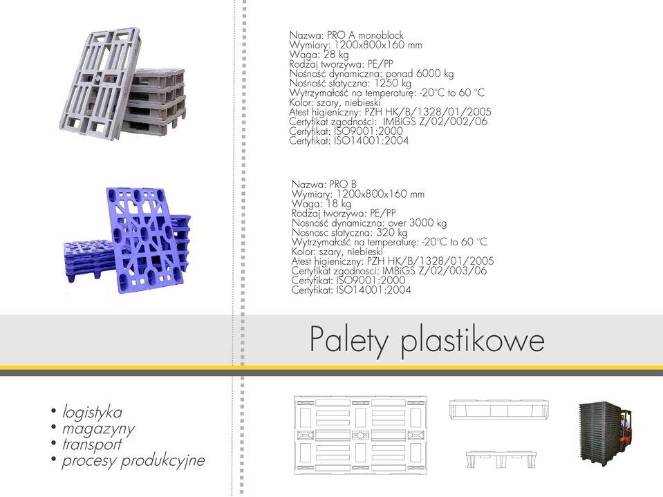 1200x800x160 mm Waga: 18 kg Rodzaj tworzywa: PE/PP Nosność dynamiczna: over 3000 kg Nosnosc statyczna: 320 kg Wytrzymałość na temperaturę: -20 C to 60 C Kolor: szary, niebieski Atest