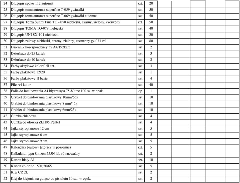 szt. 50 28 Długopis TOMA TO-078 niebieski szt 40 29 Długopis UNI SX-101 niebieski szt 30 30 Długopis żelowy niebieski, czarny, zielony, czerwony gz-031 żel szt 80 31 Dziennik korespondencyjny
