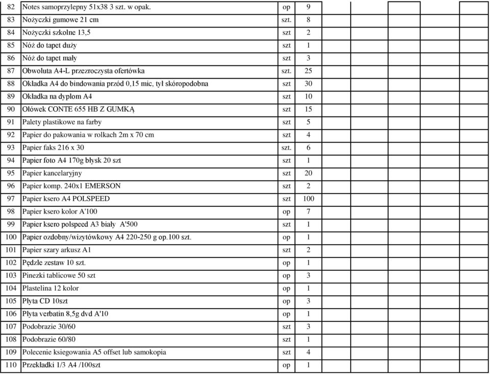 25 88 Okładka A4 do bindowania przód 0,15 mic, tył skóropodobna szt 30 89 Okładka na dyplom A4 szt 10 90 Ołówek CONTE 655 HB Z GUMKĄ szt 15 91 Palety plastikowe na farby szt 5 92 Papier do pakowania