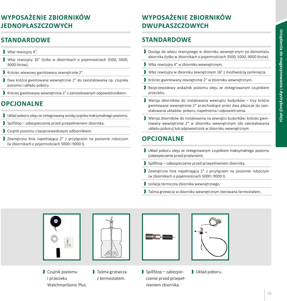 opcjonalne Układ poboru oleju ze zintegrowaną sondą czujnika maksymalnego poziomu. SpillStop zabezpieczenie przed przepełnieniem zbiornika. Czujnik poziomu z bezprzewodowym odbiornikiem.