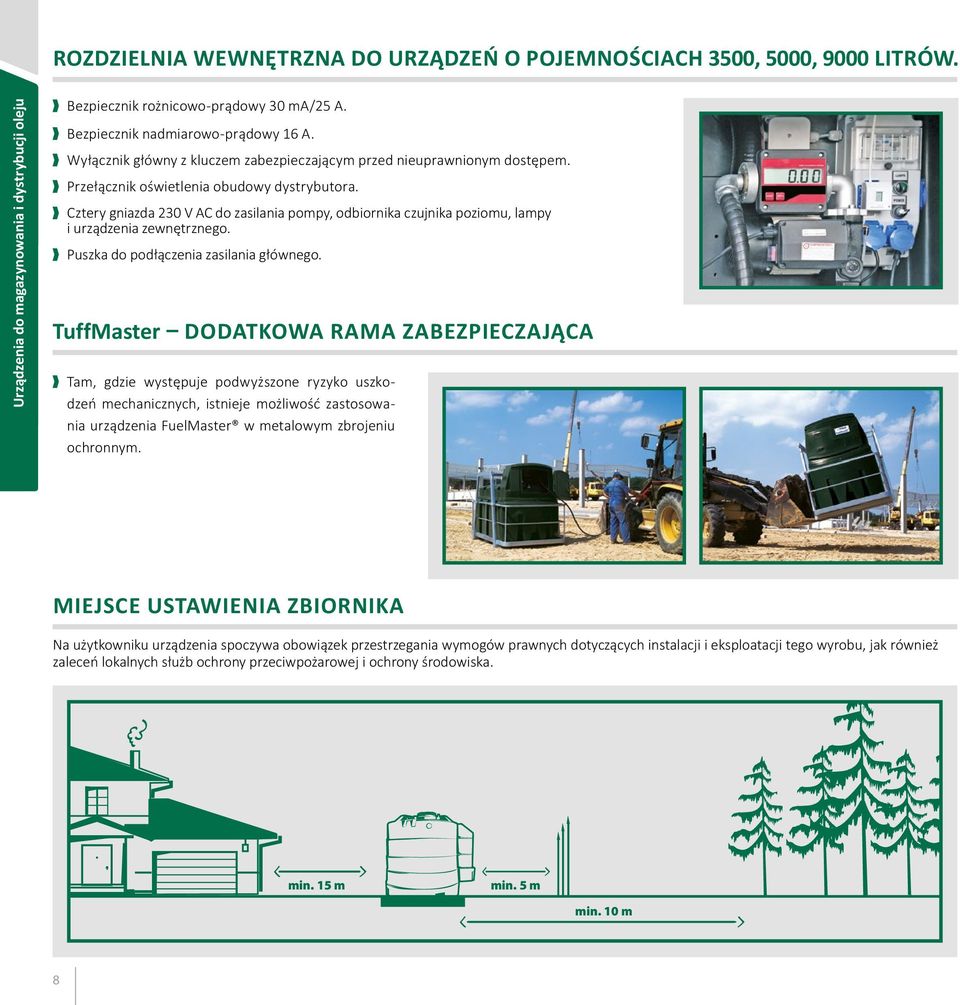 Cztery gniazda 230 V AC do zasilania pompy, odbiornika czujnika poziomu, lampy i urządzenia zewnętrznego. Puszka do podłączenia zasilania głównego.