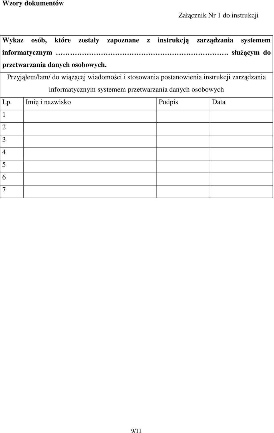 Przyjąłem/łam/ do wiążącej wiadomości i stosowania postanowienia instrukcji zarządzania