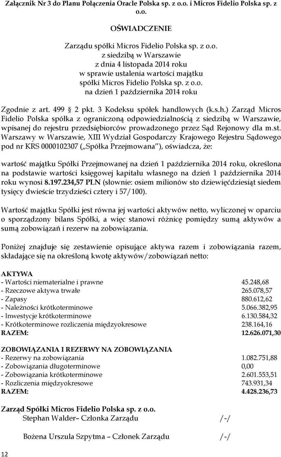 ndlowych (k.s.h.) Zarząd Micros Fidelio Polska spółka z ograniczoną odpowiedzialnością z siedzibą w Warszawie, wpisanej do rejestr