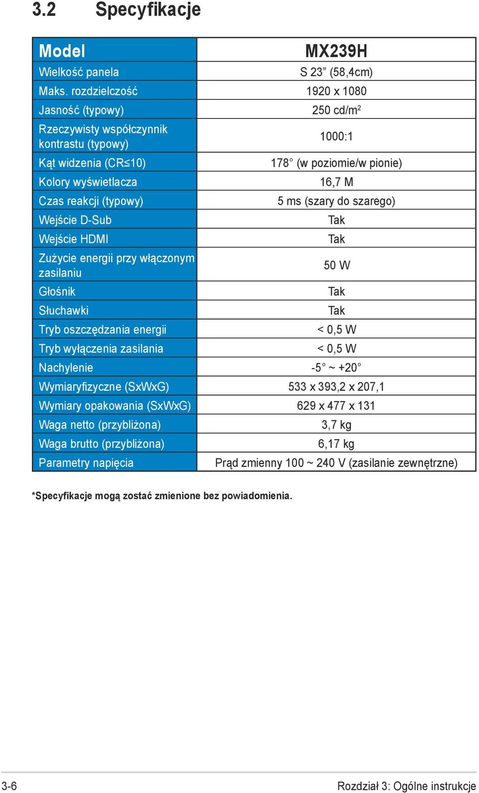 energii przy włączonym zasilaniu Głośnik Słuchawki Tryb oszczędzania energii Tryb wyłączenia zasilania 1000:1 178 (w poziomie/w pionie) 16,7 M 5 ms (szary do szarego) Tak Tak 50 W Tak Tak < 0,5 W <