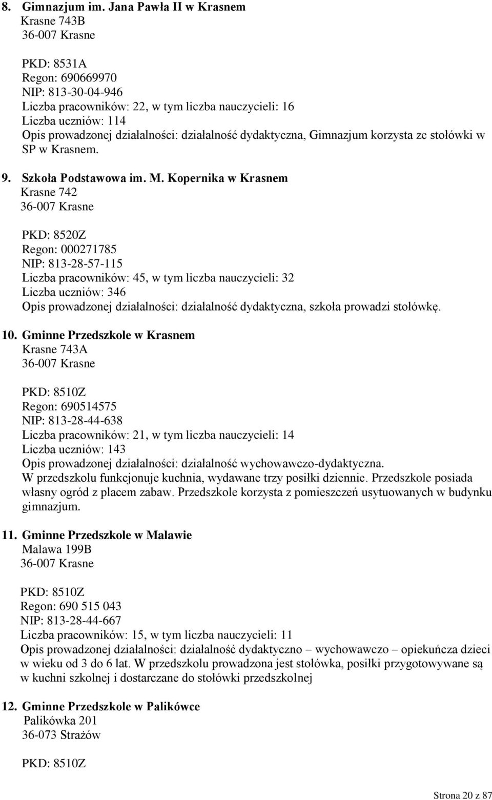 działalności: działalność dydaktyczna, Gimnazjum korzysta ze stołówki w SP w Krasnem. 9. Szkoła Podstawowa im. M.