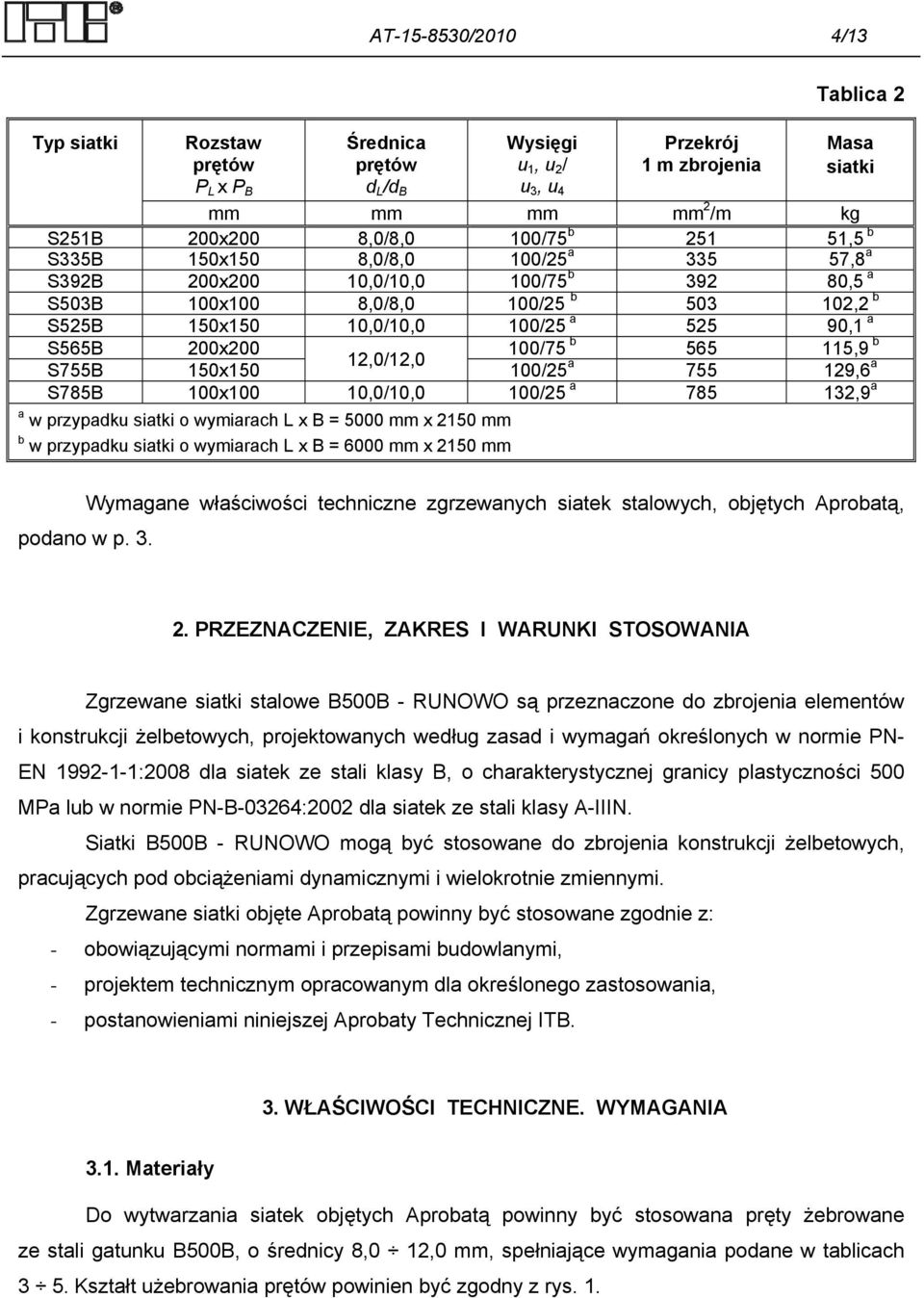 200x200 100/75 b 565 115,9 b 12,0/12,0 S755B 150x150 100/25 a 755 129,6 a S785B 100x100 10,0/10,0 100/25 a 785 132,9 a a w przypadku siatki o wymiarach L x B = 5000 mm x 2150 mm b w przypadku siatki