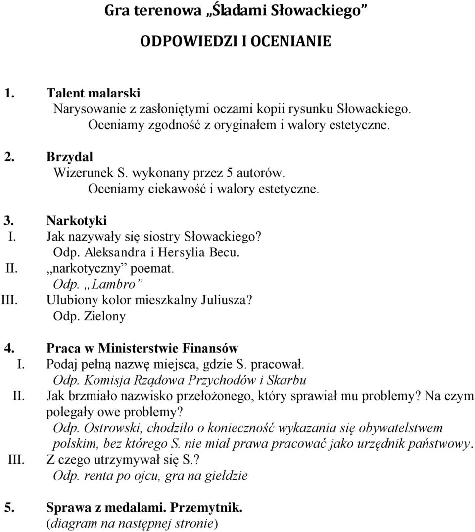 Odp. Lambro III. Ulubiony kolor mieszkalny Juliusza? Odp. Zielony 4. Praca w Ministerstwie Finansów I. Podaj pełną nazwę miejsca, gdzie S. pracował. Odp. Komisja Rządowa Przychodów i Skarbu II.