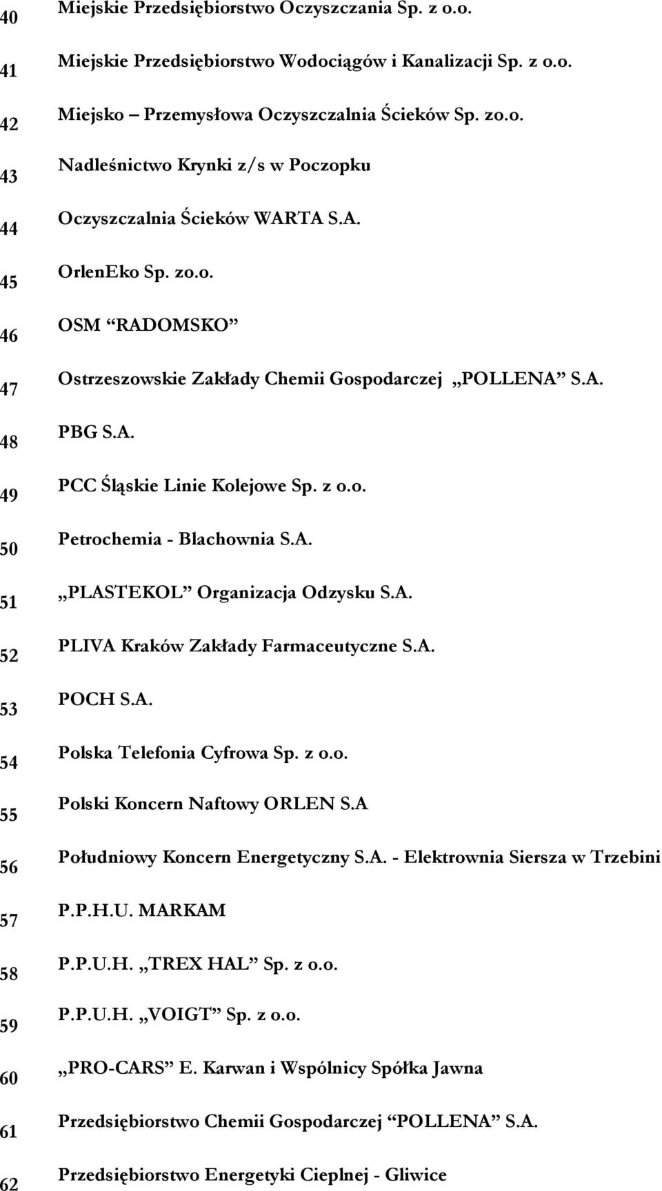 z o.o. Petrochemia - Blachownia S.A. PLASTEKOL Organizacja Odzysku S.A. PLIVA Kraków Zakłady Farmaceutyczne S.A. POCH S.A. Polska Telefonia Cyfrowa Sp. z o.o. Polski Koncern Naftowy ORLEN S.