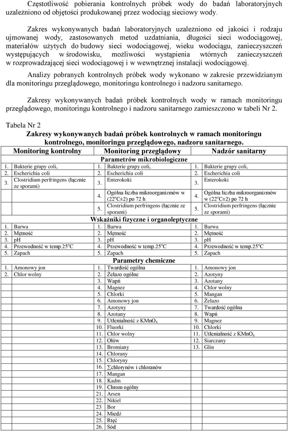 wodociągowej, wieku wodociągu, zanieczyszczeń występujących w środowisku, możliwości wystąpienia wtórnych zanieczyszczeń w rozprowadzającej sieci wodociągowej i w wewnętrznej instalacji wodociągowej.