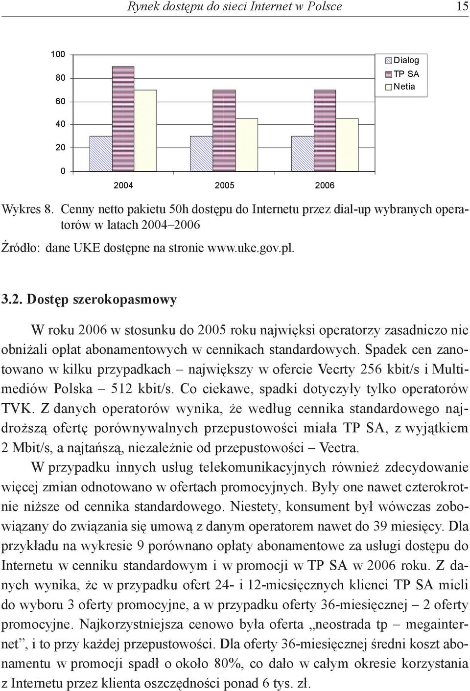 04 2006 Źródło: dane UKE dostępne na stronie www.uke.gov.pl. 3.2. Dostęp szerokopasmowy W roku 2006 w stosunku do 2005 roku najwięksi operatorzy zasadniczo nie obniżali opłat abonamentowych w cennikach standardowych.