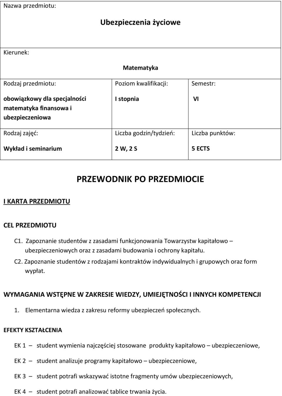 Zapoznanie studentów z zasadami funkcjonowania Towarzystw ubezpieczeniowych oraz z zasadami budowania i ochrony kapitału. C.