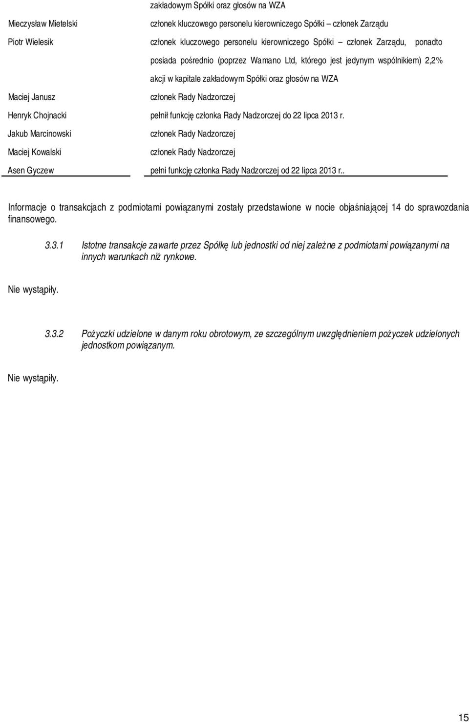 Chojnacki pełnił funkcję członka Rady Nadzorczej do 22 lipca 2013 r.