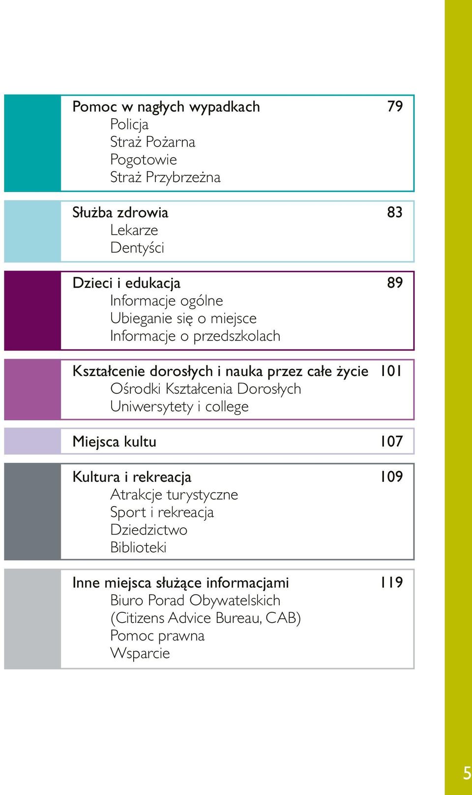 Kształcenia Dorosłych Uniwersytety i college Miejsca kultu 107 Kultura i rekreacja 109 Atrakcje turystyczne Sport i rekreacja
