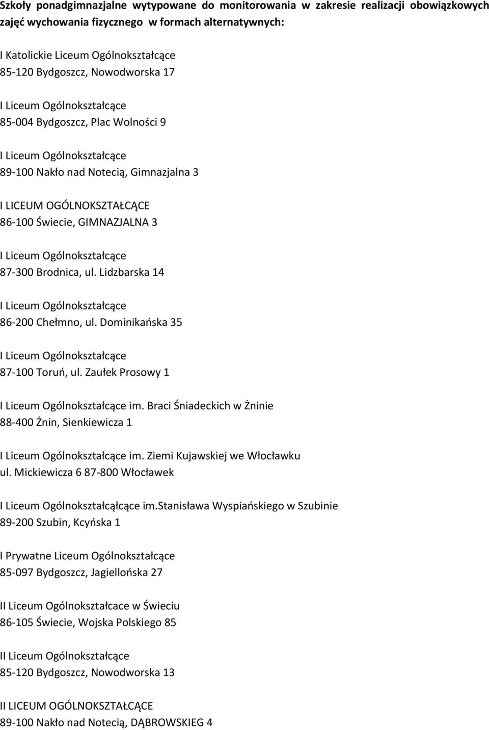 Dominikaoska 35 87-100 Toruo, ul. Zaułek Prosowy 1 im. Braci Śniadeckich w Żninie 88-400 Żnin, Sienkiewicza 1 im. Ziemi Kujawskiej we Włocławku ul.