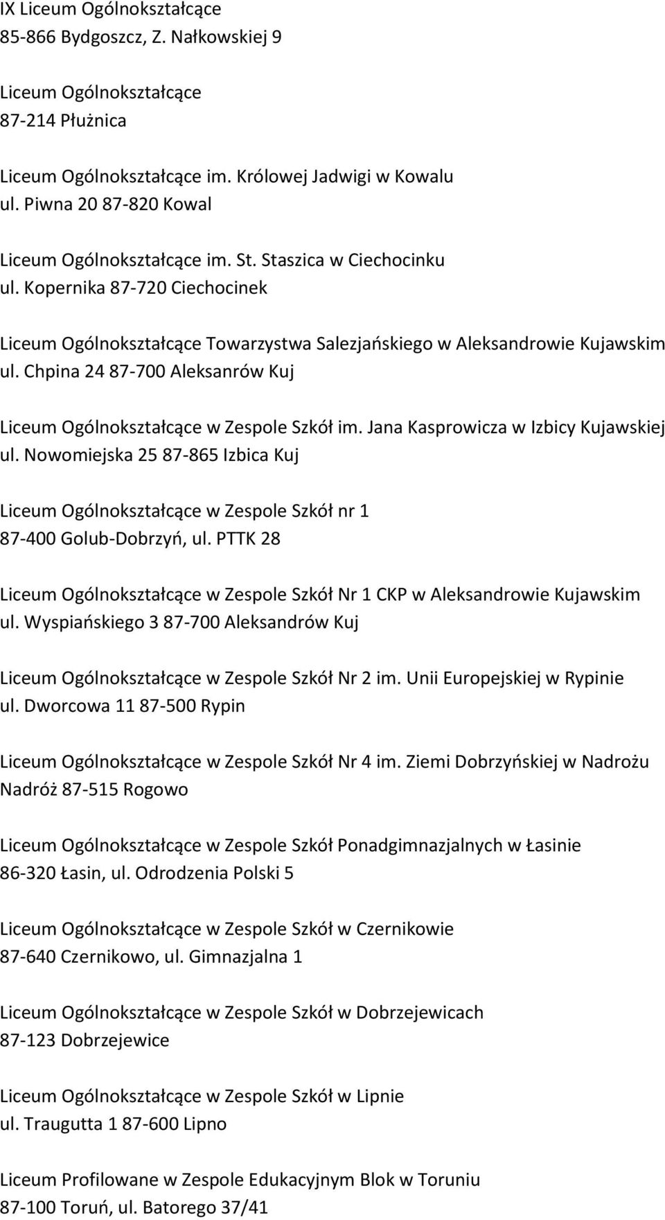 Chpina 24 87-700 Aleksanrów Kuj Liceum Ogólnokształcące w Zespole Szkół im. Jana Kasprowicza w Izbicy Kujawskiej ul.