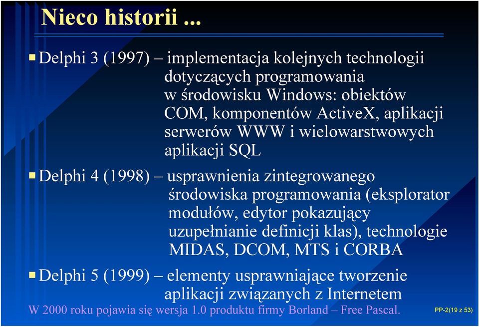 aplikacji serwerów WWW i wielowarstwowych aplikacji SQL P Delphi 4 (1998) usprawnienia zintegrowanego środowiska programowania (eksplorator