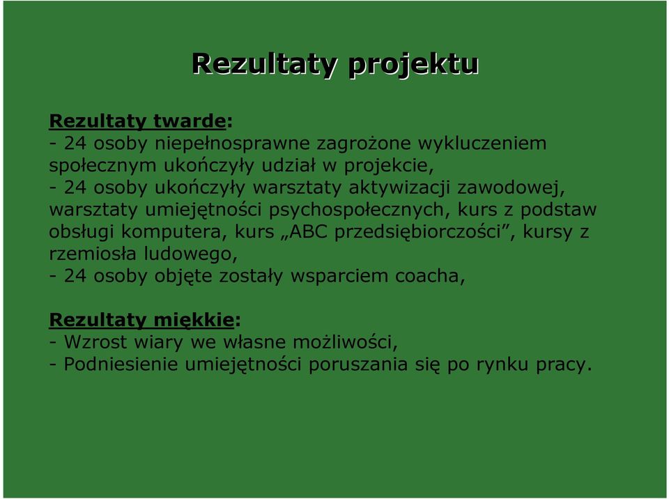 podstaw obsługi komputera, kurs ABC przedsiębiorczości, kursy z rzemiosła ludowego, - 24 osoby objęte zostały