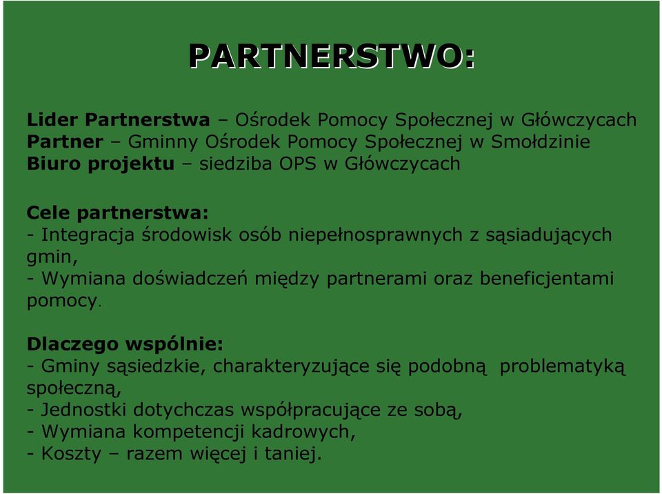 Wymiana doświadczeń między partnerami oraz beneficjentami pomocy.