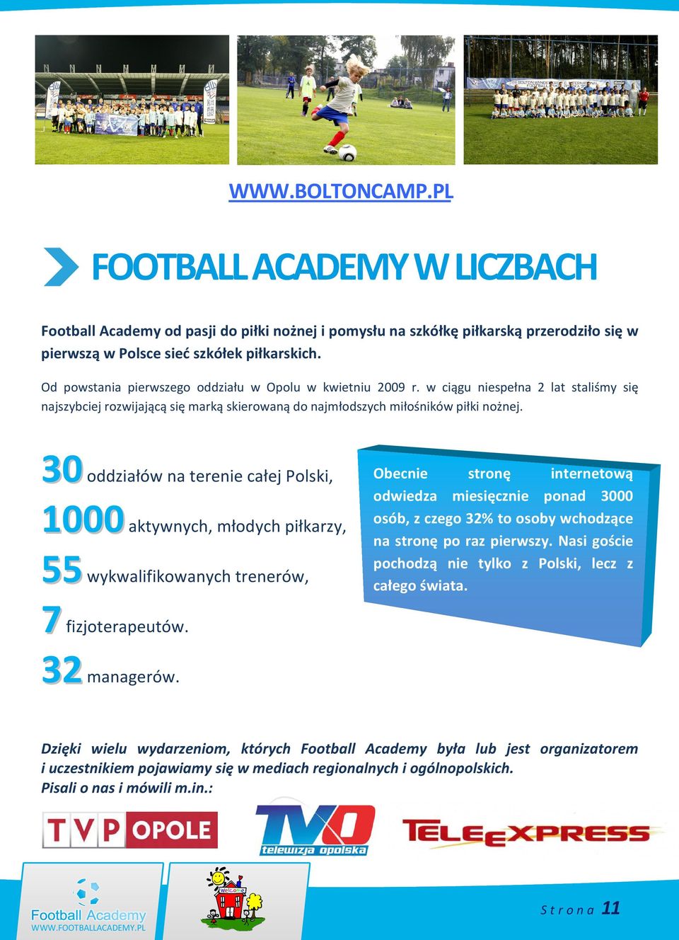 30 oddziałów na terenie całej Polski, 1000 aktywnych, młodych piłkarzy, 55 wykwalifikowanych trenerów, 7 fizjoterapeutów. 32 managerów.