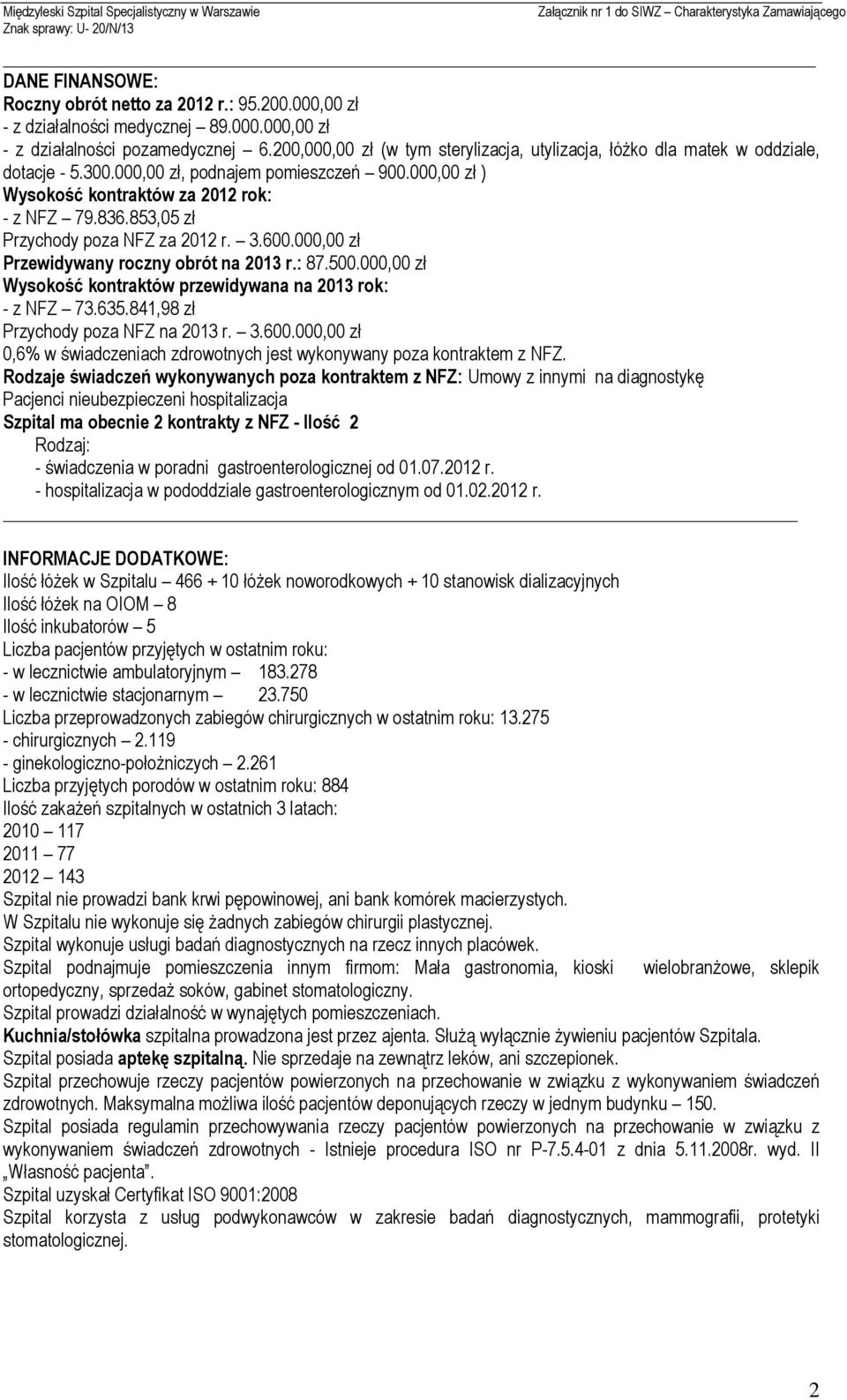 853,05 zł Przychody poza NFZ za 2012 r. 3.600.000,00 zł Przewidywany roczny obrót na 2013 r.: 87.500.000,00 zł Wysokość kontraktów przewidywana na 2013 rok: - z NFZ 73.635.
