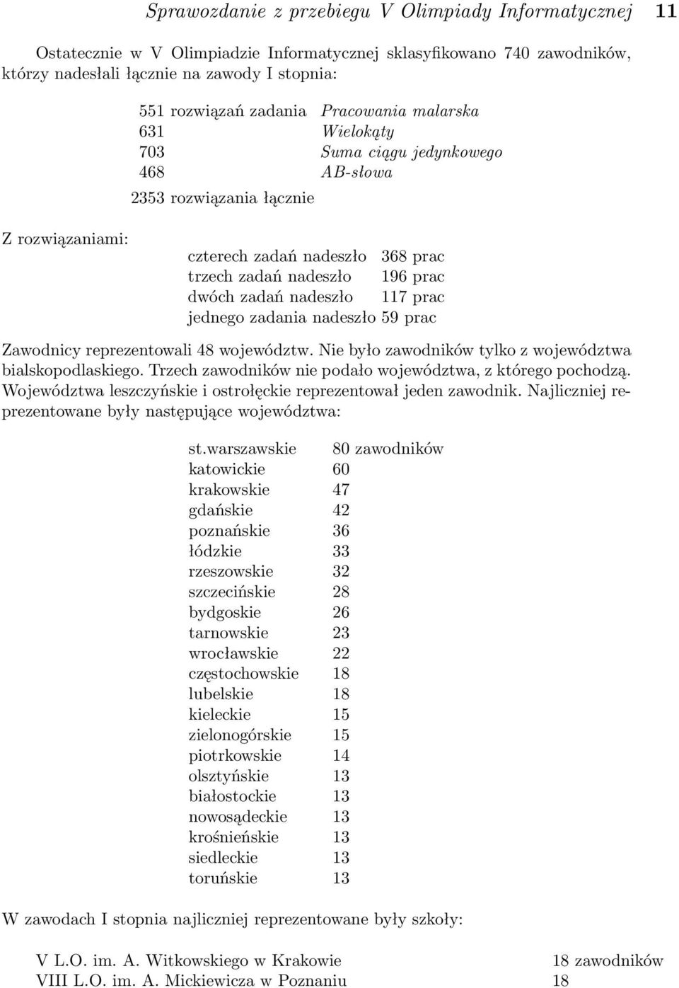 nadeszło 117 prac jednego zadania nadeszło 59 prac Zawodnicy reprezentowali 48 województw. Nie było zawodników tylko z województwa bialskopodlaskiego.